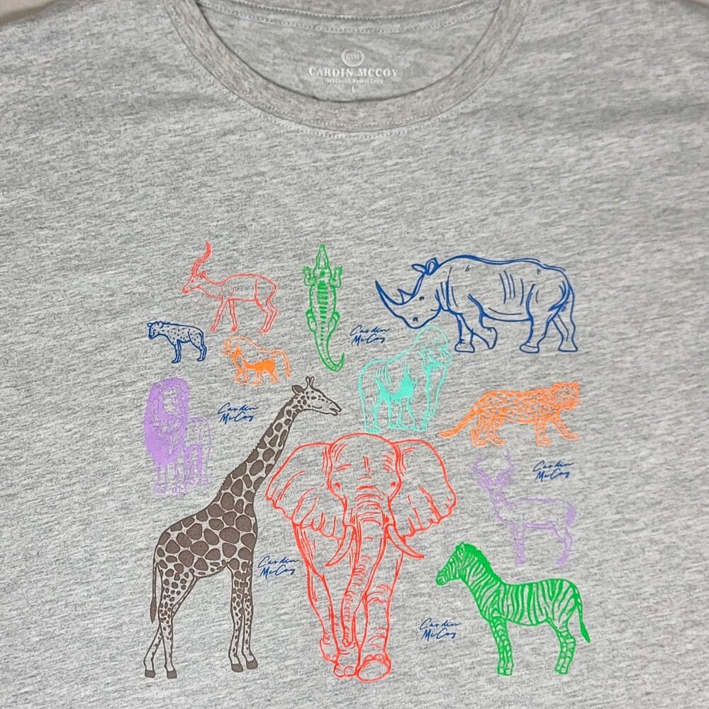Cardin McCoy gray tshirt (Size L) colorful animals front design LIKE NEW